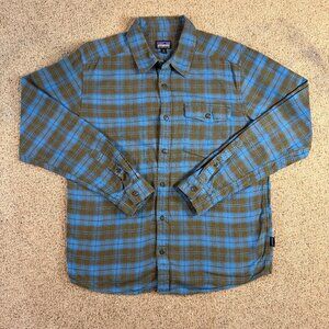 Patagonia Mens Long Sleeve Flannel Shirt Medium M Blue/Brown Color Organic Cotto